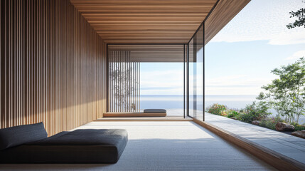 Relaxing oriental inspired interiors composition with beige wall panels, minimal furniture and contrasting lighting. Contemporary Real Estate composition.