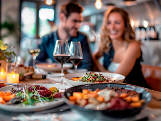 Couple dining and enjoying a variety of gourmet dishes