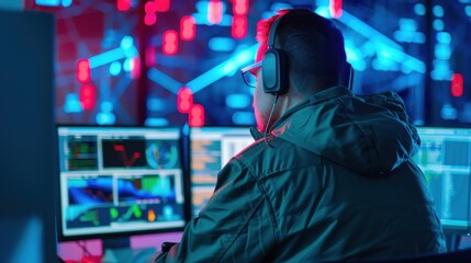 Network security specialist monitoring secure connections, secure networks, cybersecurity experts