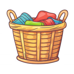 A colorful laundry basket filled with neatly stacked clothes, transparent background