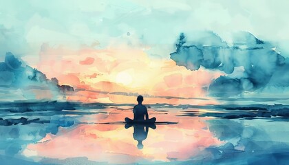 Tranquil watercolor illustration for mindfulness and self care meditation with calming hues