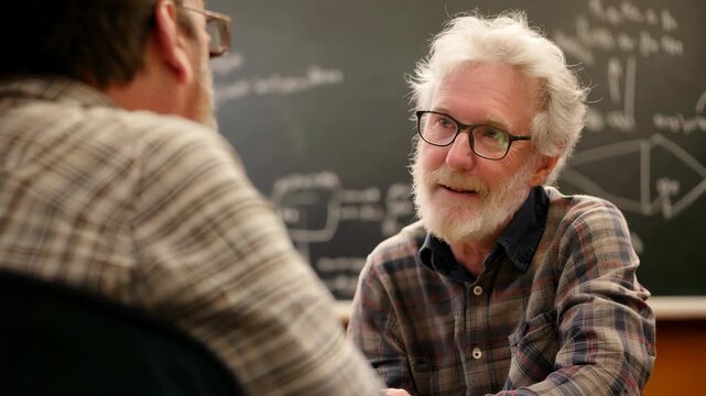 Senior professor explaining complex math equations to student at chalkboard, mentoring in higher education