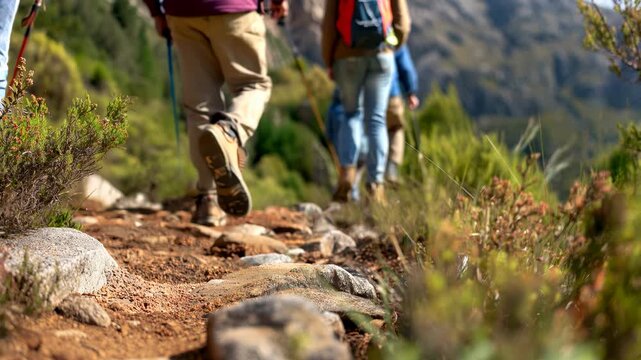 Hikers walking on rocky mountain trail, close-up of feet on outdoor adventure