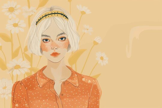 Chinese minimalism illustration, portrait of a European woman with short platinum blonde hair styled in a textured pixie cut with a beaded headband, wearing a boho blouse