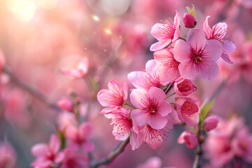 Fototapeta premium A close up of a pink flower with a bright sun in the background. The flower is surrounded by green leaves and the sun is shining brightly on it. Concept of warmth and beauty