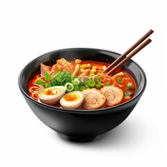 A hyper-realistic depiction of a bowl of ramen, showcasing Japanese cuisine with vibrant colors, isolated on a white background.