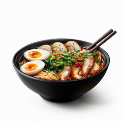 A hyper-realistic depiction of a bowl of ramen, showcasing Japanese cuisine with vibrant colors, isolated on a white background.