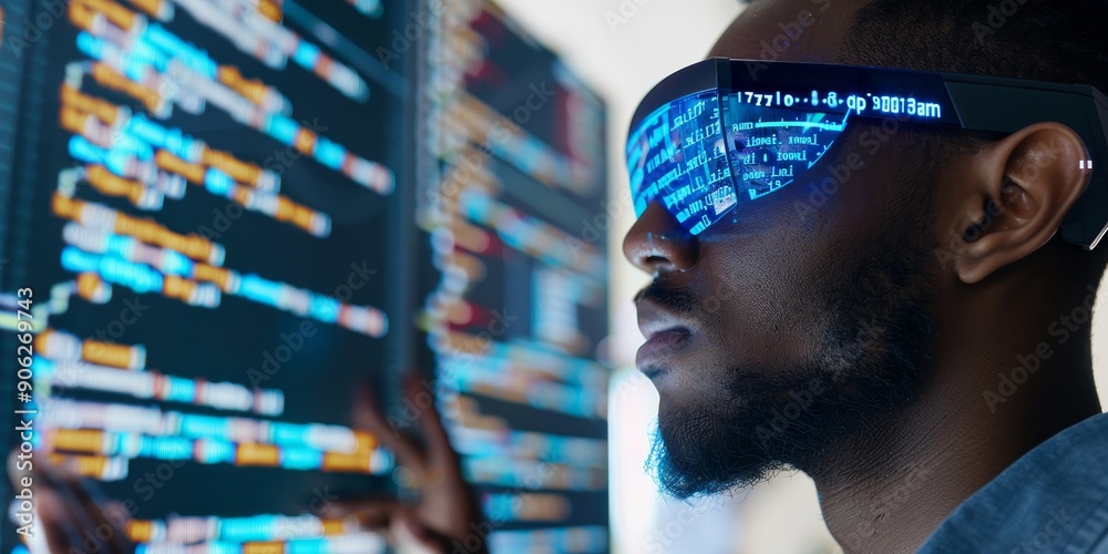 Aufkleber A programmer using augmented reality glasses to visualize coding environments, showcasing future technology in programming