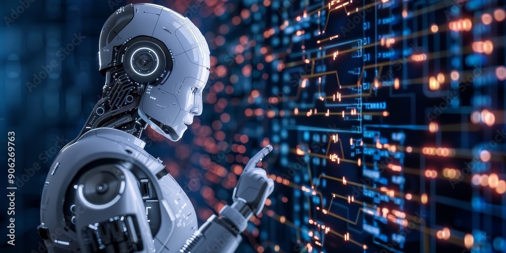 Aufkleber A programmer developing artificial intelligence algorithms for machine learning applications, highlighting innovation in AI