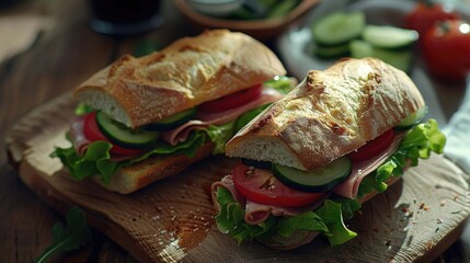 Wooden cutting board with sandwiches