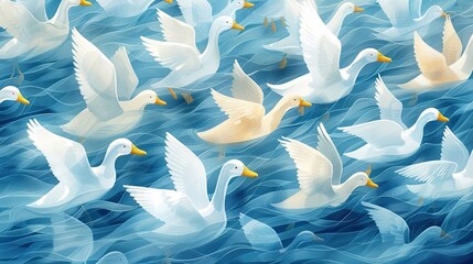 A flock of white ducks in a watercolor style, swimming on blue water, detailed and vibrant.