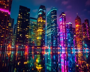 Fototapeta premium Radiant Skyscrapers Reflecting Vibrant Cityscape Lights at Night