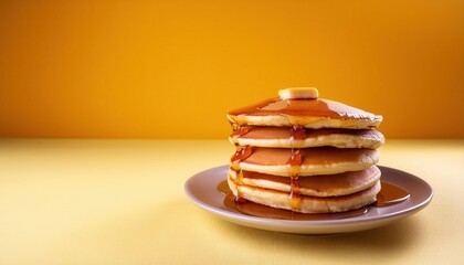 Delicious fluffy pancakes stacked high with syrup and a pat of butter, perfect for breakfast or brunch.