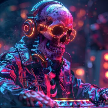 13h Create a neon, cyberpunk-style image featuring an anthropomorphic skeleton DJ. 