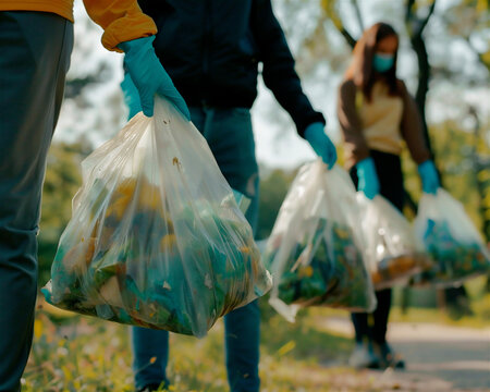 The Generative AI photo of a garbage collection in the park. Teamwork and environment protection concept