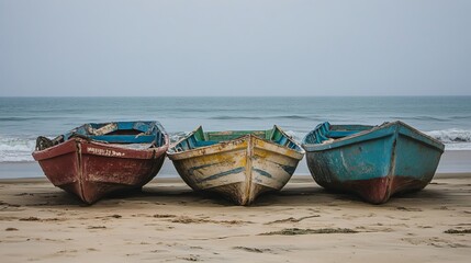 Obraz premium Three fishing boats moored on the beach.