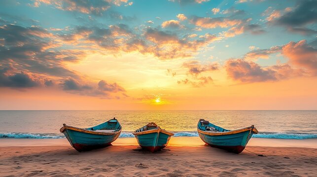 Three fishing boats moored on the beach.