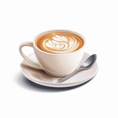 a cup of cappuccino with latte art, showcasing a coffee beverage in warm tones, isolated on a white background. 