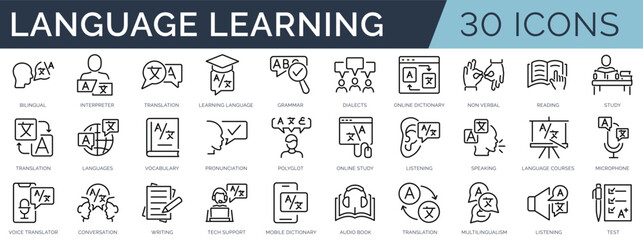 Set of 30 outline icons related to language learning. Linear icon collection. Editable stroke. Vector illustration