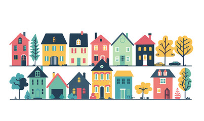 Colorful cartoon suburban houses, trees, car depicted. Residential neighborhood various architectural styles, flat design. Quaint community, cozy homes, autumn ambiance, serene suburb