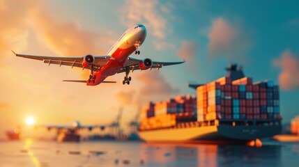 Fototapeta premium Sea transport ships unloading goods next to jet planes, bustling import activity, detailed photorealistic scene, vibrant and dynamic global trade 8K , high-resolution, ultra HD,up32K HD