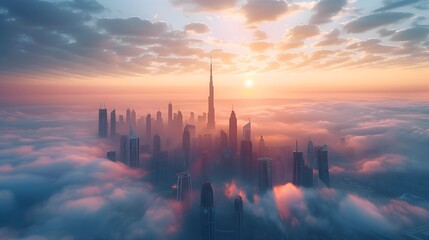 Futuristic Skyline of Towering Skyscrapers Reaching into the Clouds at Dramatic Sunrise or Sunset