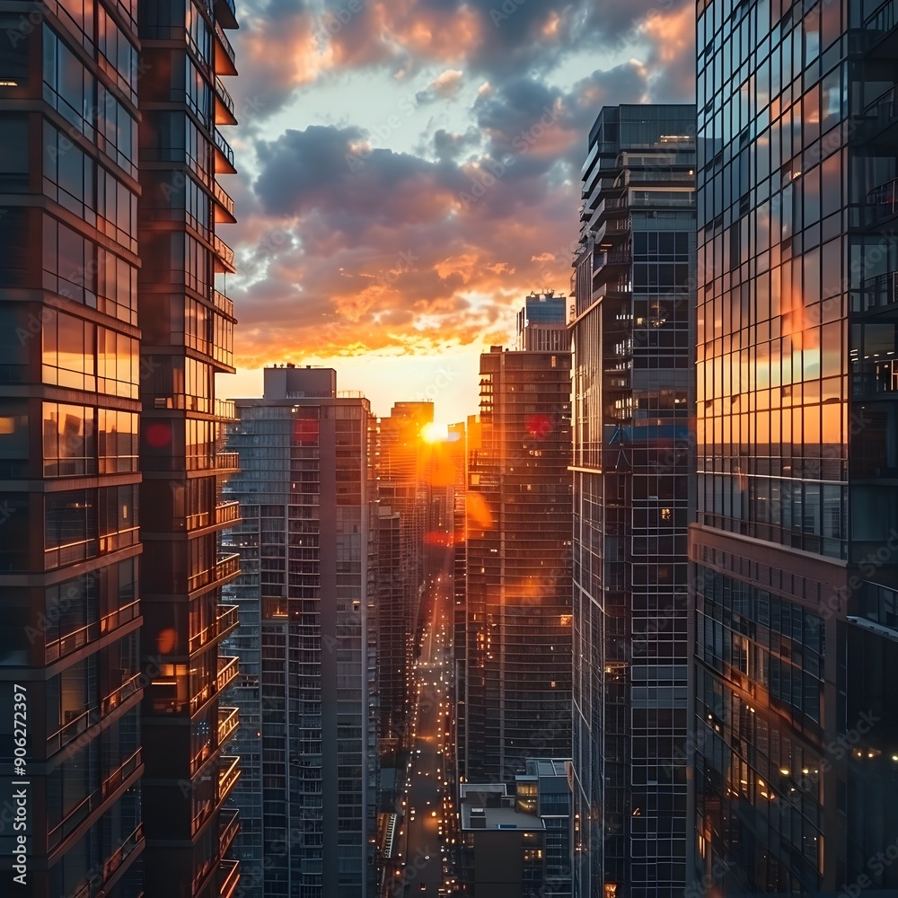 Canvas Prints Tall Illuminated Skyscrapers Casting Long Shadows Across The Vibrant Urban Cityscape At Sunset