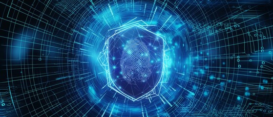 Fototapeta premium A blue and white image of a computer screen with a blue shield in the middle. Digital security background. Hologram digital security