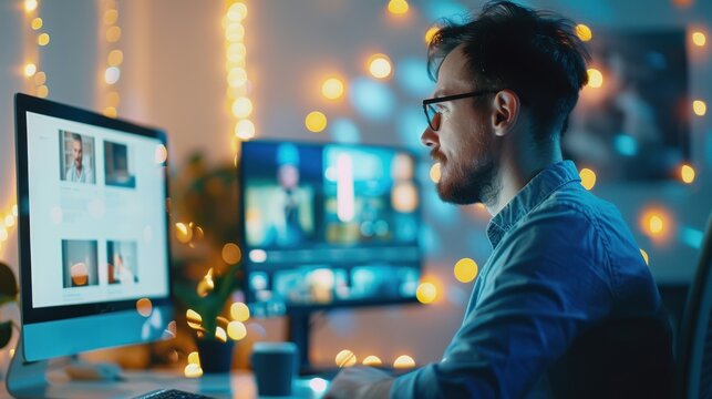 Remote worker setting up a video conference call, prepared and professional.