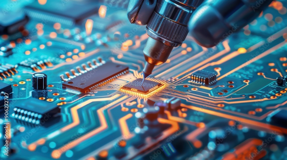 Poster robotic arm assembling electronics with precision, smart robotics, automated processes