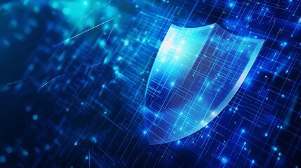 Fototapeta premium A blue shield with a lot of lines and dots on it. Digital security background. Hologram digital security