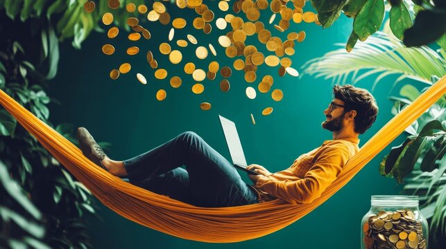 Man lying on hammock with laptop as coins rain down around him symbolizing passive income and digital nomad lifestyle
