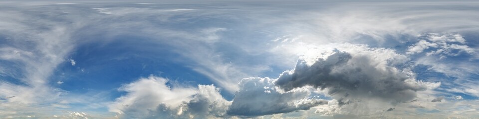 blue sky hdri 360 panorama with dark clouds before storm in seamless equirectangular projection with zenith for use in 3d graphics as skydome or edit drone panoramas for sky replacement
