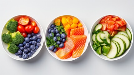 Three bowls of food, each containing a different type of fruit and vegetables. The bowls are arranged in a row, with the first bowl containing blueberries, the second bowl containing broccoli
