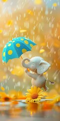 a miniaturized elephant dancing in the rain and holding a bright blue and yellow polka-dotted umbrella in his trunk while standing on a yellow daisy.