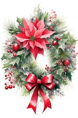 Christmas wreath of leaves, berries, flowers and red flowers on a white background.