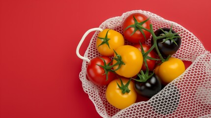 A basket of tomatoes and yellow tomatoes are in a mesh bag. The basket is on a red background