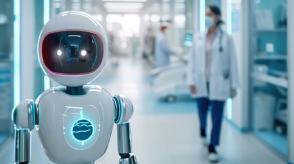 Smart robot assisting doctors in a modern hospital, AI in healthcare, smart robotics