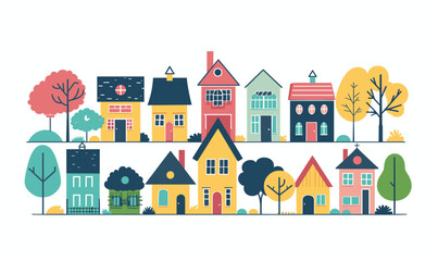 Colorful houses diverse architecture styles sizes trees. Quaint suburban neighborhood scene, vector illustration. Quirky townhouses illustration