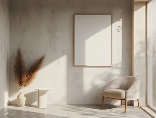 Vertical picture frame mockup on wall with window,  chair and  table. Modern interior design. 3D  rendering illustration.