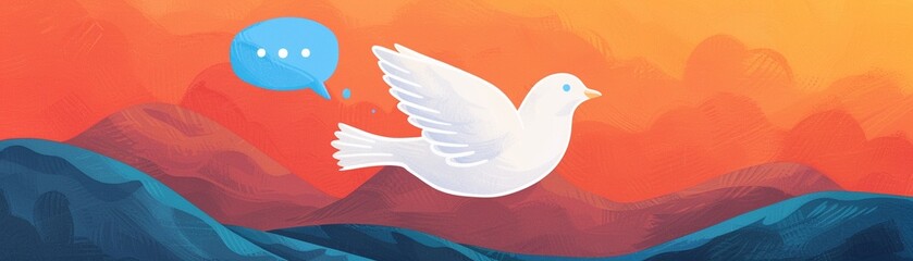 Obraz premium Dove with speech bubbles, flying over different continents, symbolizing global communication, colorful and cheerful illustration, unity and peace 8K , high-resolution, ultra HD,up32K HD