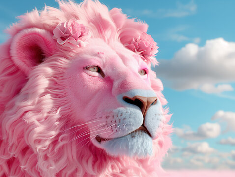 Lion in pastel pink tones with a soft floral crown, gazing thoughtfully into the horizon. Fantasy depiction in a tranquil field under a soft blue sky.