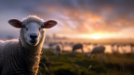 Fototapeta premium A sheep is standing in a field with other sheep grazing. The sheep is looking at the camera with a curious expression. The scene has a peaceful and calm mood, with the sheep
