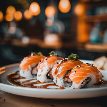 a plate of sush, it is in dim fancy japanese restaurant