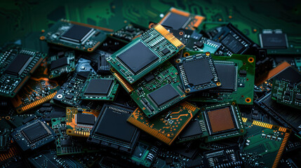 A pile of electronic components, including computer chips and circuit boards