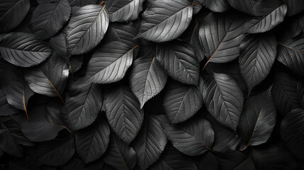 A close up of black leaves with a wet look. The leaves are arranged in a way that creates a sense of depth and texture. The image evokes a feeling of calmness and serenity