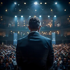 Businessman Inspiring Audience at Professional Conference with Banners and Lights
