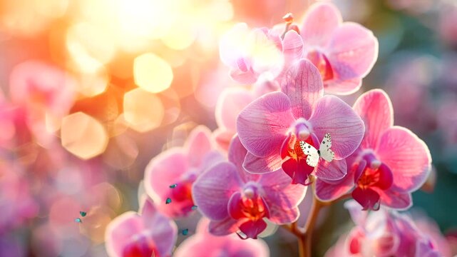 Close-up of pink orchid flowers with a warm bokeh background.
