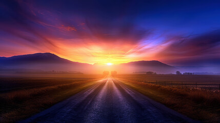 Fototapeta premium A road with a sunset in the background. The sky is a mix of blue and orange. The sun is setting behind the mountains