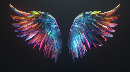 Fototapeta premium Pair of symmetrical wings, holographic colors, with a metallic finish, isolated on black background
